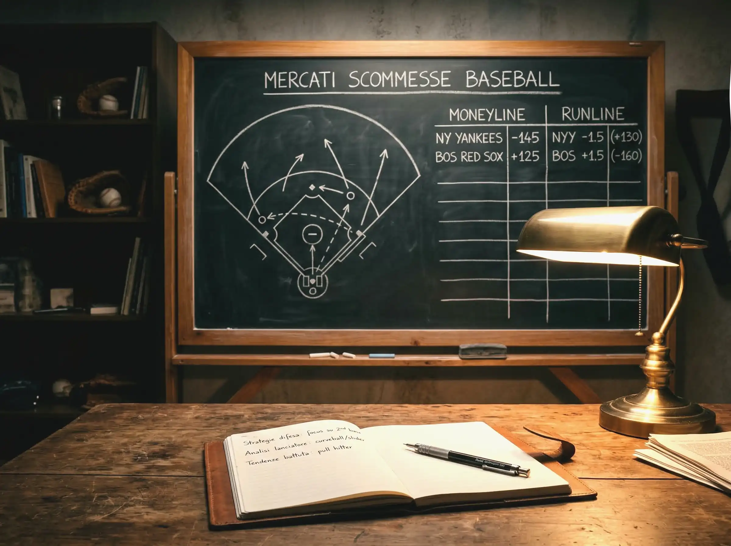 Mercati delle scommesse sul baseball con moneyline e runline spiegati su una lavagna tattica