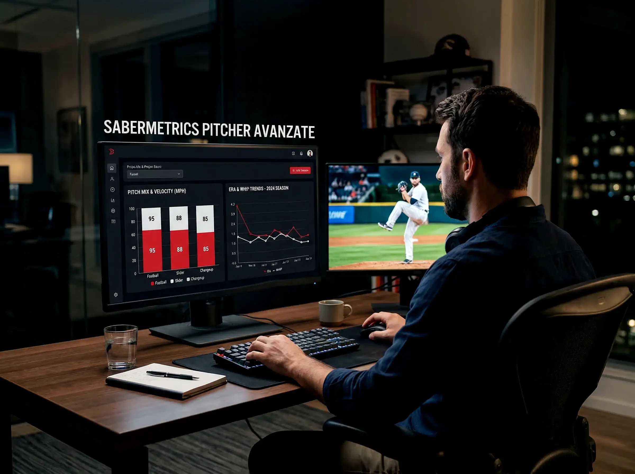 Analista sportivo che studia statistiche avanzate dei pitcher su monitor con grafici FIP e wOBA