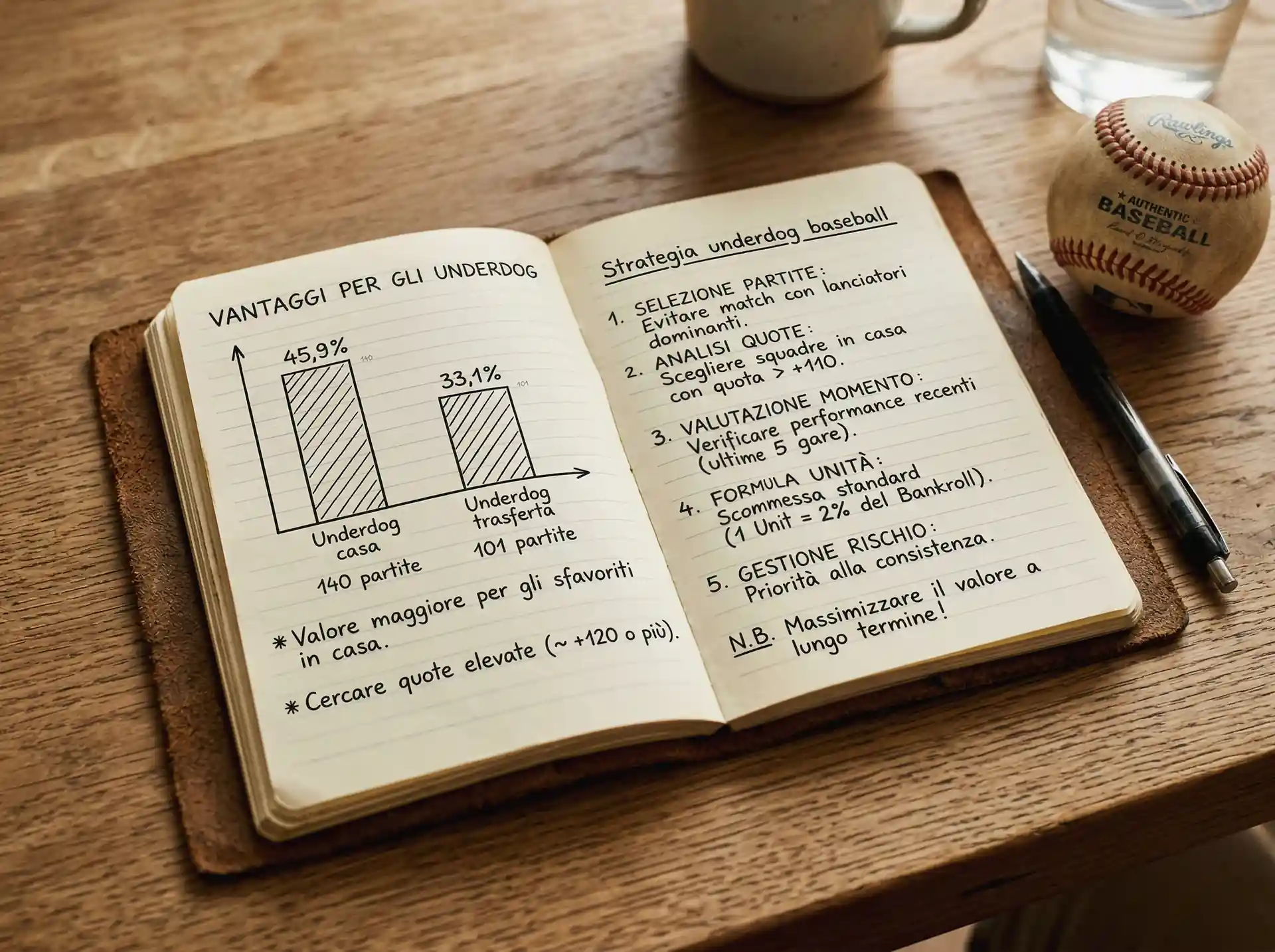 Quaderno con strategia di value betting e analisi degli underdog nel baseball